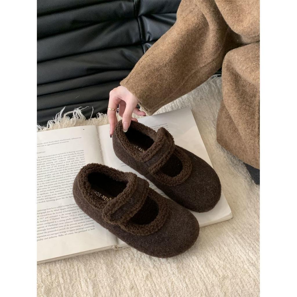 Fashion Thick Soled Fleece Flet Ballet Flats Woman Winter Warm Wool Mary Jane Shoes Ladies Brand Design Elegant Plush Loafers