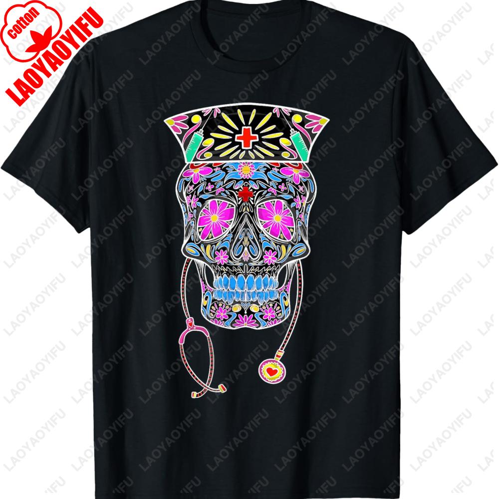 Hallowmas Funny Nurse Sugar Skull Colorful Printed TShirt Tops Gift Unisex Clothing Street Fashion Clothes For Unisex T Shirt Tops S