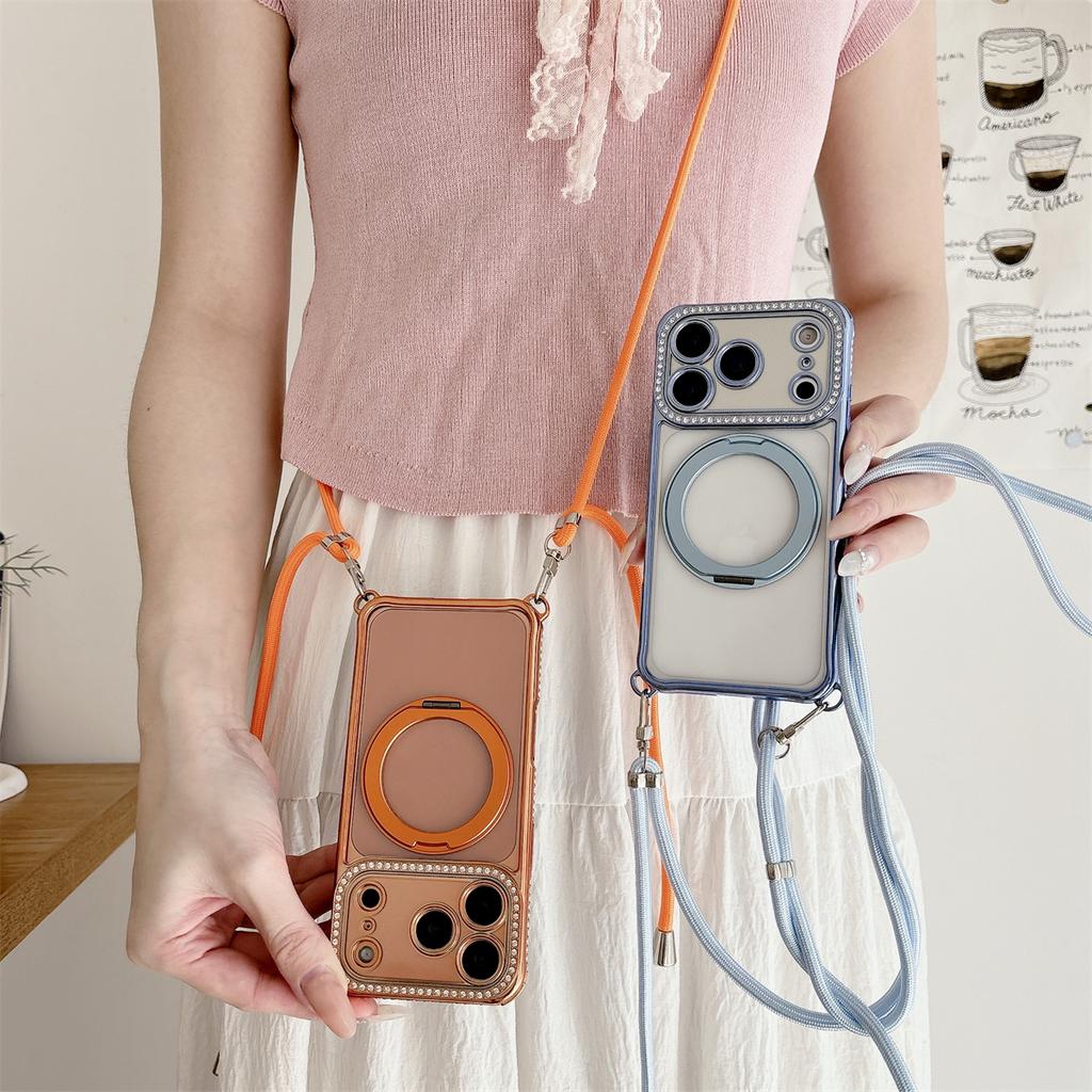 Crossbody Lanyard Electroplated Rotating Stand Magnetic Phone Case for IPhone Air 17 16 Plus 15 14 13 Pro Max for Magsafe Cover