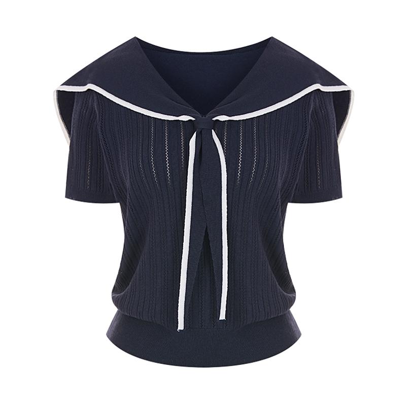 SELLY'S Sailor Collar Contrast Short Sleeve Knit_I6B-Ckn008