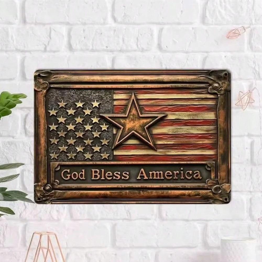Vintage America Tin Sign Patriotic Red Blue Metal Wall Decor Home Garden Memorial