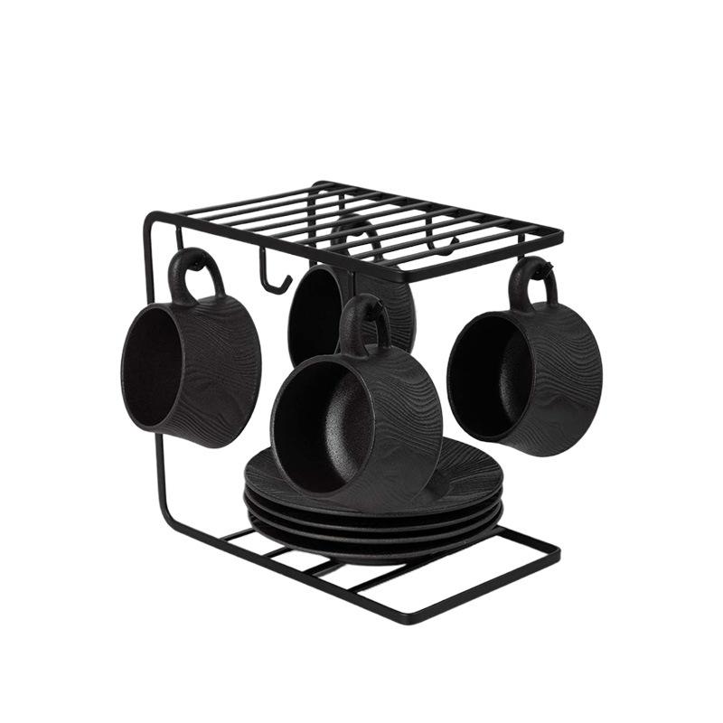 Capuccino Cups with Saucers and Metal Stand, 250ml Ceramic Coffee Cup Espresso Shots Cup Small Coffee Cups, Black and White