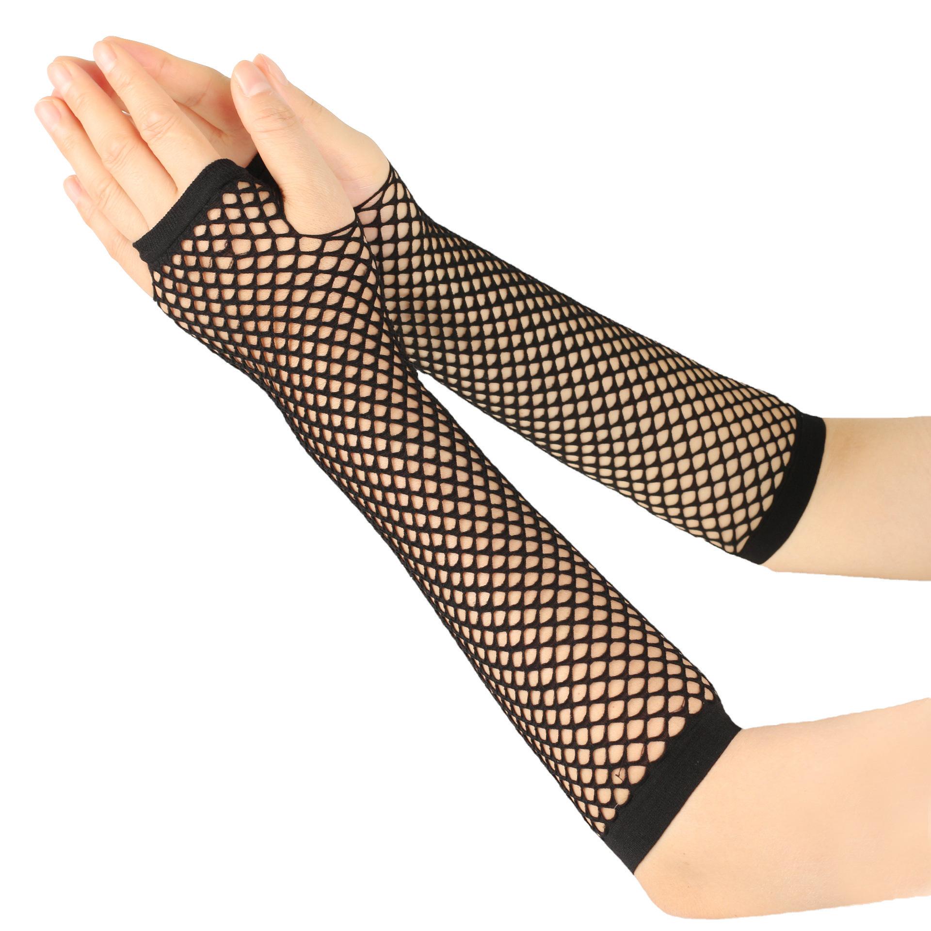 

Chunky Fishnet Arm Sleeves: Stylish Half-Finger Sun Protection Gloves for Nightclub Parties, Available in Long & Short Styles Long ~ 24cm