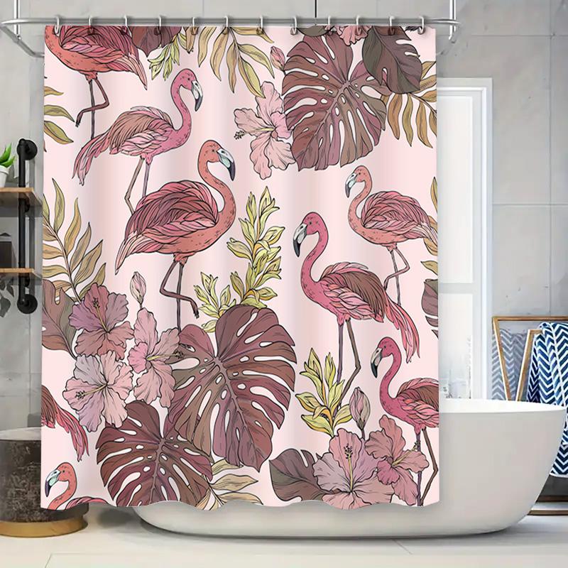 

Tropical Bird Flower Print Shower Curtain Pink Purple Green Colorful Bath Decor Waterproof Fabric 6 Hooks Included For Bathroom W60H190(CM)-1 Pcs