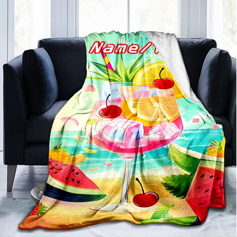 1PC Custom Name Summer Fruit Cocktail Outdooor Flannel Blankets Throw Blanket All-Season Throw Gift Bedspread for Couch, Bed, Camping Holiday Birthda
