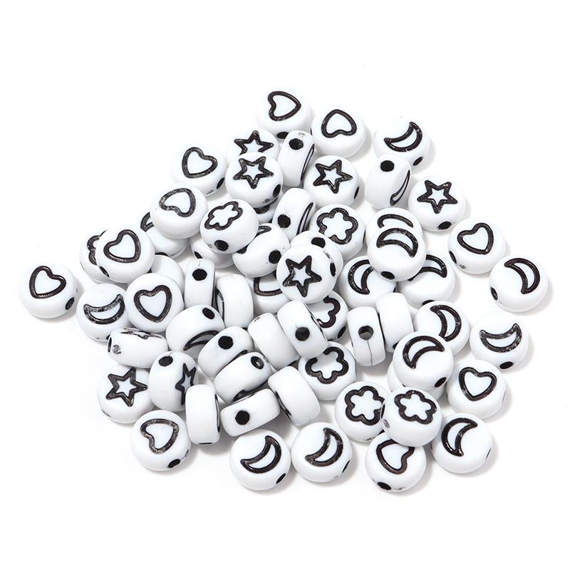 

100pcs 7mm Acrylic Beads Colorful Mixed Moon Star Heart Flower Flat Round Loose Beads For Jewelry Making DIY Bracelets Supplies