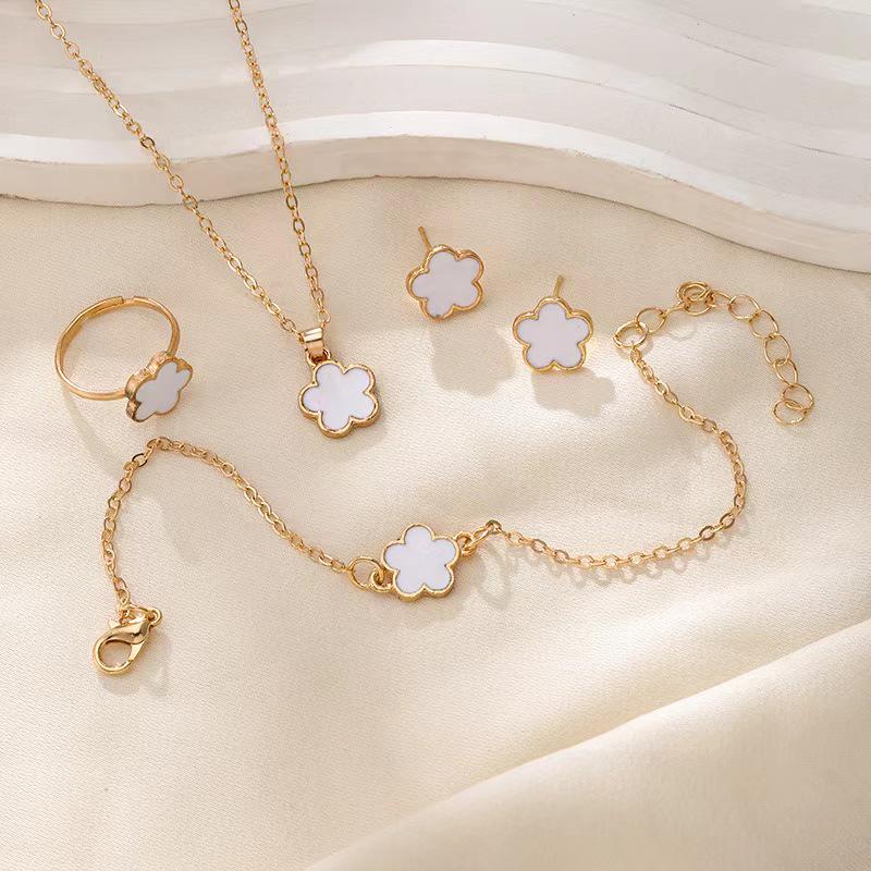Korean Five-Leaf Clover Jewelry Set for Women: Necklace, Bracelet, Ring, and Earrings