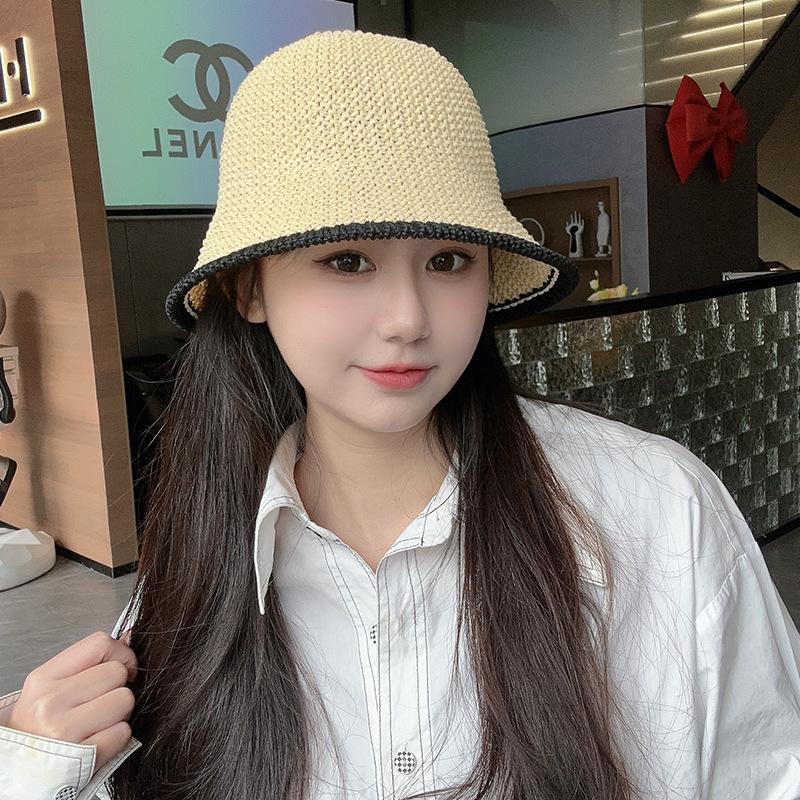 Foldable Bucket Hat Women's Sunshade Sunscreen Hat Simple Color Matching Milk Silk Woven Bucket Hat