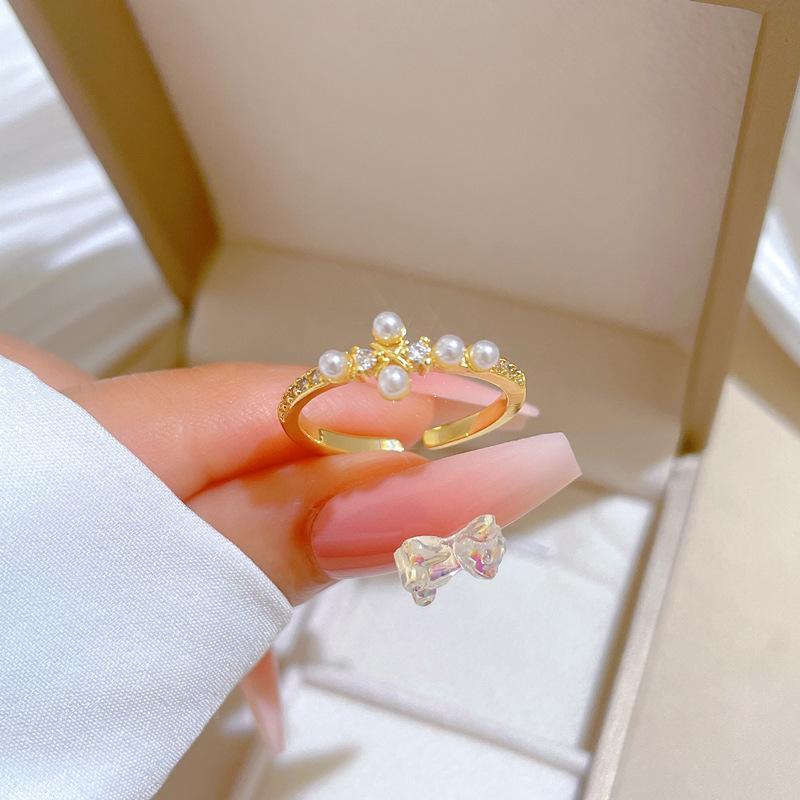 Real Gold Pearl Cross Ring Opening Adjustable Simple Jewelry Japanese Ring Couple Ring