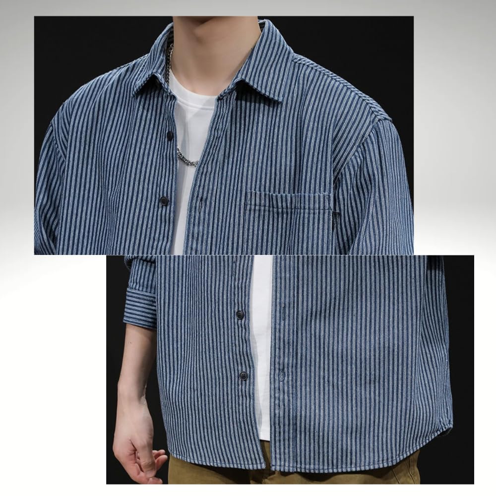 ALVEIN Casual Shirt Jacket with Hairline Cool Long Striped Men's Spring/Autumn Stripes, Collar, Sleeves, (XL)