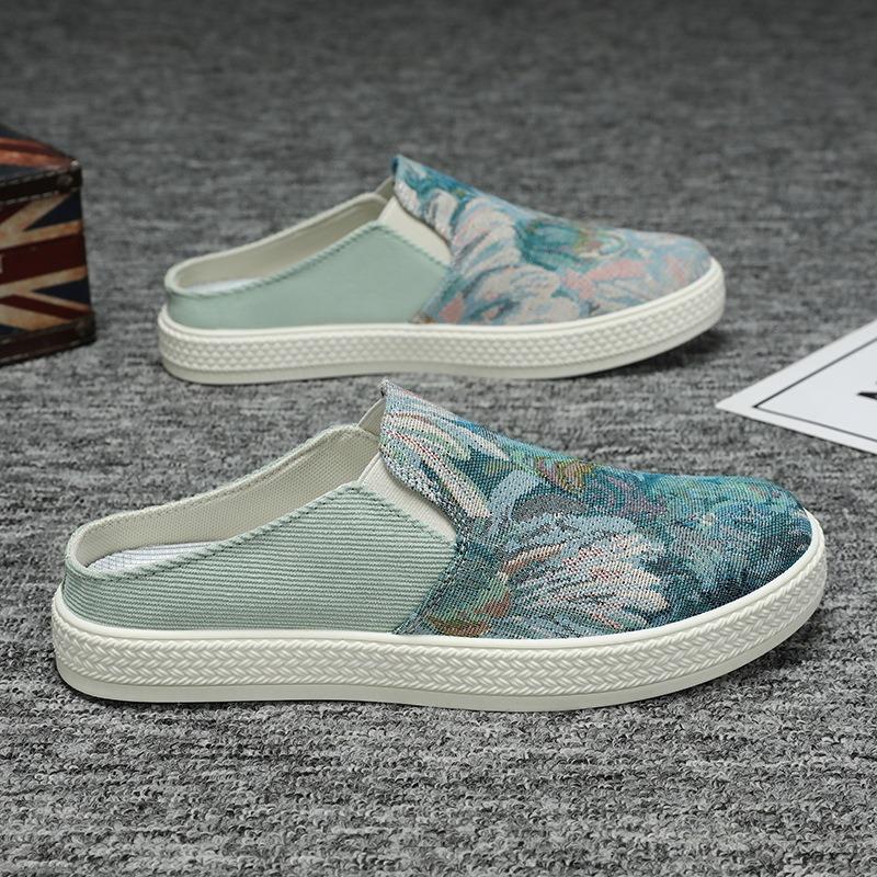 Summer new printed bag head, cloth surface breathable, light and simple, one pedal and half drag men's shoes slippers