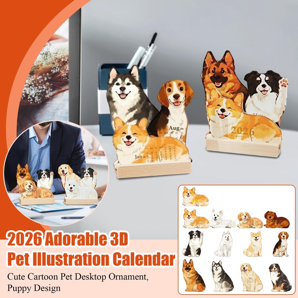 2026 Adorable 3D Pet Illustration Calendar, Cute Cartoon Pet Desktop Ornament,Puppy Design