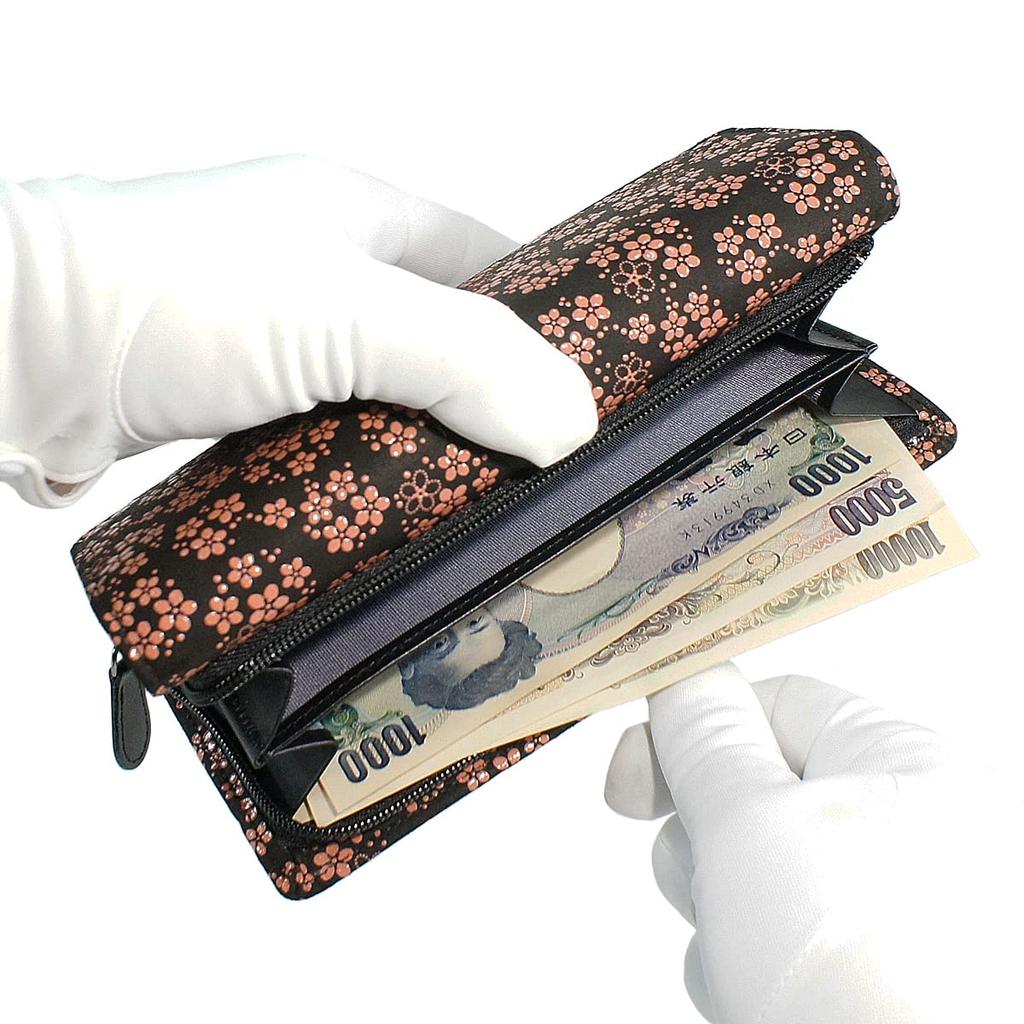 Inden Long Bundle Large Black Background X Pink Pattern [Indenya] Wallet, S, Capacity, Deerskin, Lacquer, Forget-me-not 2310-51-181