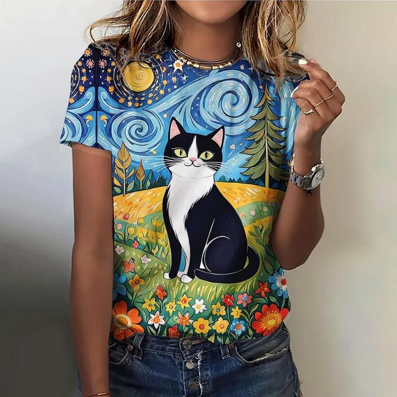 Summer O-Neck Short Sleeve Women's T-Shirt 3d Printed Black Cat Pattern T-Shirt Pullover Top Fashion Street Female Clothing 2024