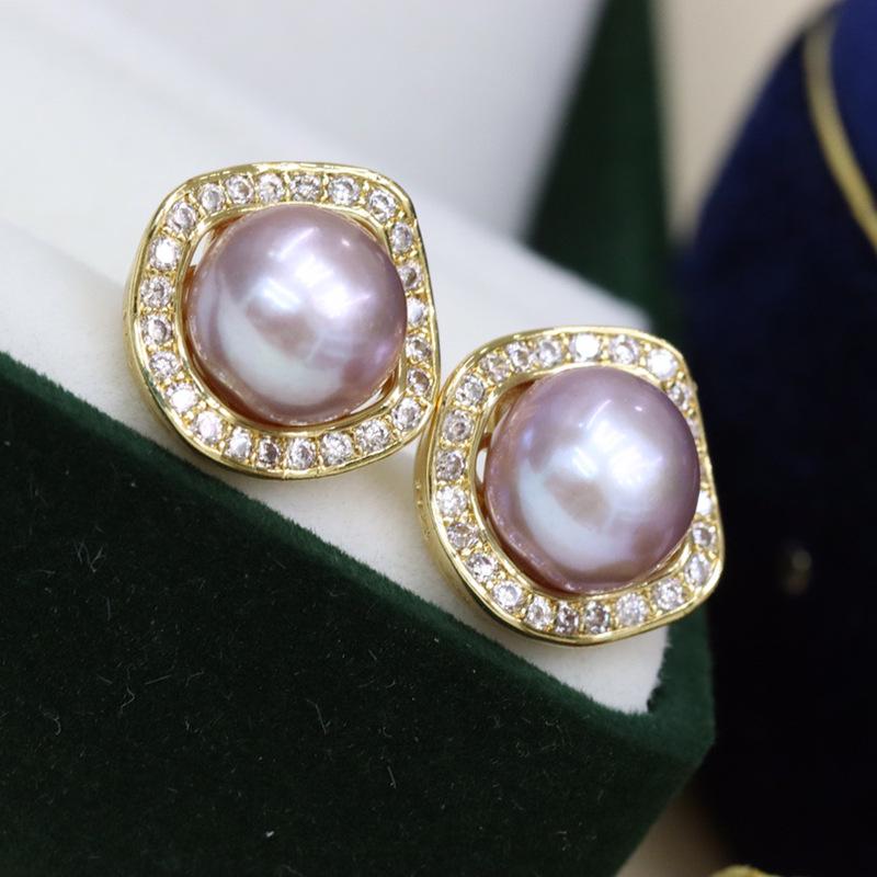 18K Gold Plated Freshwater Pearl Stud Earrings with Zircon, 8-9mm, Fashionable and Versatile for Women.