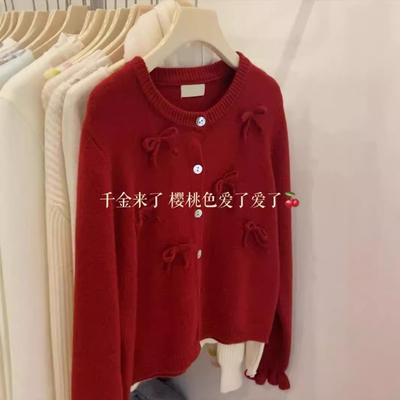 Red Bow Sweater Cardigan Women's Spring and Autumn Design Sense Niche Retro Thin Knitted Jacket Short