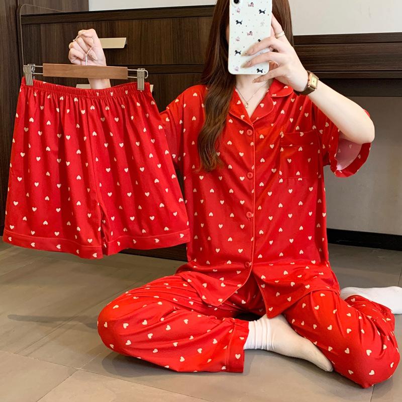 Frühlings- und Sommerpyjama Damen neuwertig groß rot Liebesdruck kurzärmelig dreiteilig Baumwollimitat Loungewear