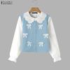 ZANZEA Women Casual Doll Collar Loose Long Sleeve Patchwork Blouse