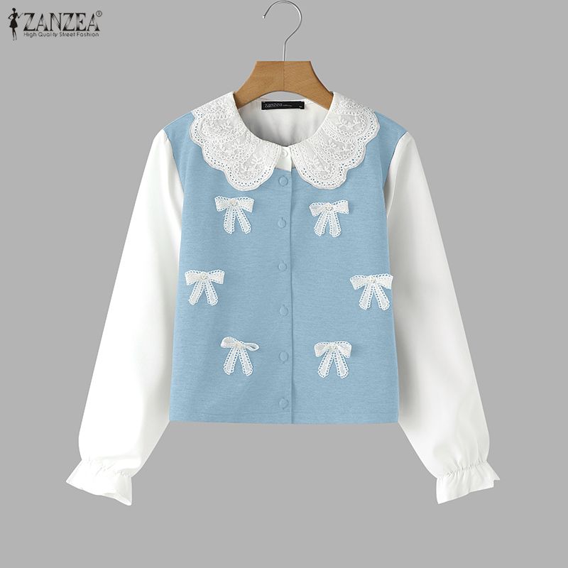 ZANZEA Women Casual Doll Collar Loose Long Sleeve Patchwork Blouse