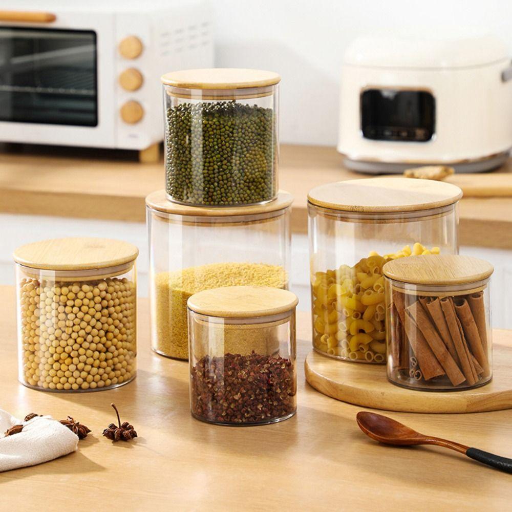 Transparent Square Storage Jars Bamboo Lids Sealed Can Kitchen Canister Moisture Proof Clear Spice Containers Kitchen