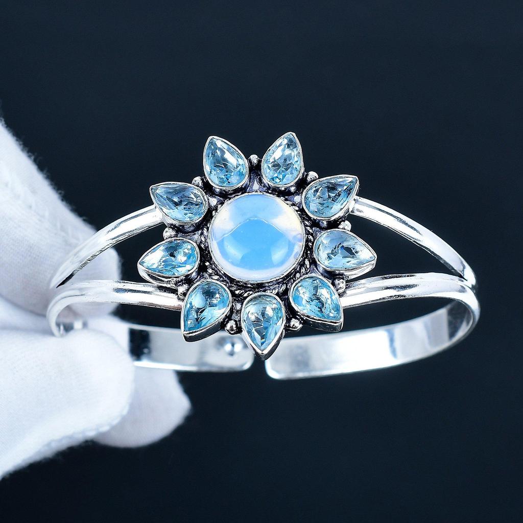 Milky Opal Gemstone Handmade Cuff Bangle 925 Sterling Silver Cuff Bangle, Blue Topaz Flower Shape Bracelet For Wife, Unisex Bangle, Love Gift