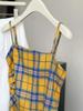 2024 Summer Orange Retro Color Block Plaid Irregular Camisole Sleeveless Top