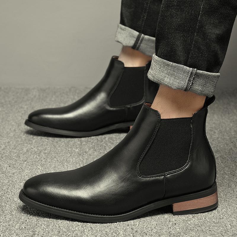 Trendy Fashion British Chelsea Boots Men's Pointed Business Casual High-top Leather Shoes Retro Short Boots Heightening Martin Boots