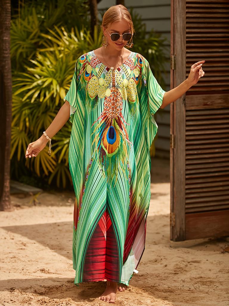 Plus Size Boho Cover Up, Women's Plus Painting Print Bat Sleeve V Neck Split Hem Maxi Cover Up Dress