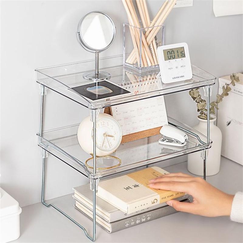 Foldable Transparent Double Desktop Acrylic Shelf Cup Rack Kitchen Bathroom Cosmetic Sundry Shelf