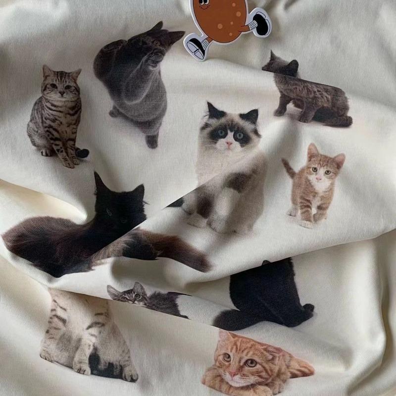 A Lot of Cute Cats Printed Round Neck T-shirt for Men and Women Retro Pure Cotton Summer Fashion Trend Casual Comfy Short Sleeve Top Harajuku