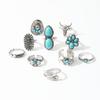 Wind Imitation Turquoise Ring Set, Creative Bull Head Flower Feather Multi-element Turquoise Ring 10-piece Set for Women