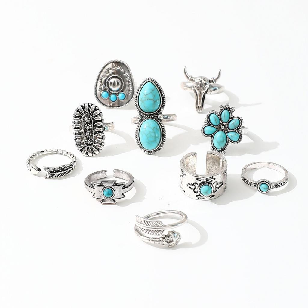 Wind Imitation Turquoise Ring Set, Creative Bull Head Flower Feather Multi-element Turquoise Ring 10-piece Set for Women