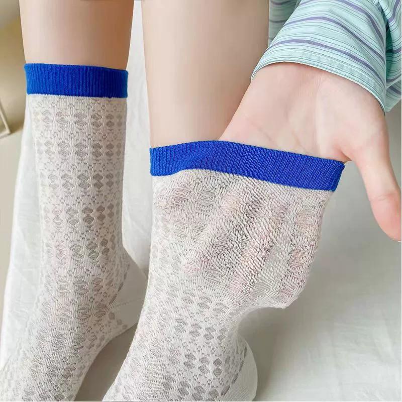 4 Pairs Women Color Blocked Mid Tube Socks Summer Thin Hollow Mesh Breathable Sweet Style Soft Comfortable Casual Socks