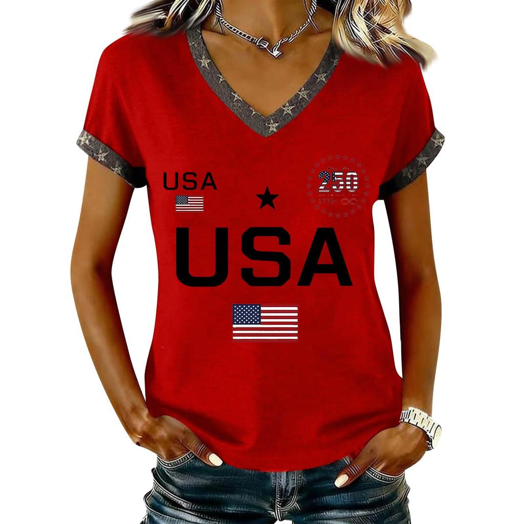 Damen Lässiger V-Ausschnitt Kurzarm Pullover Bedrucktes T-Shirt Top