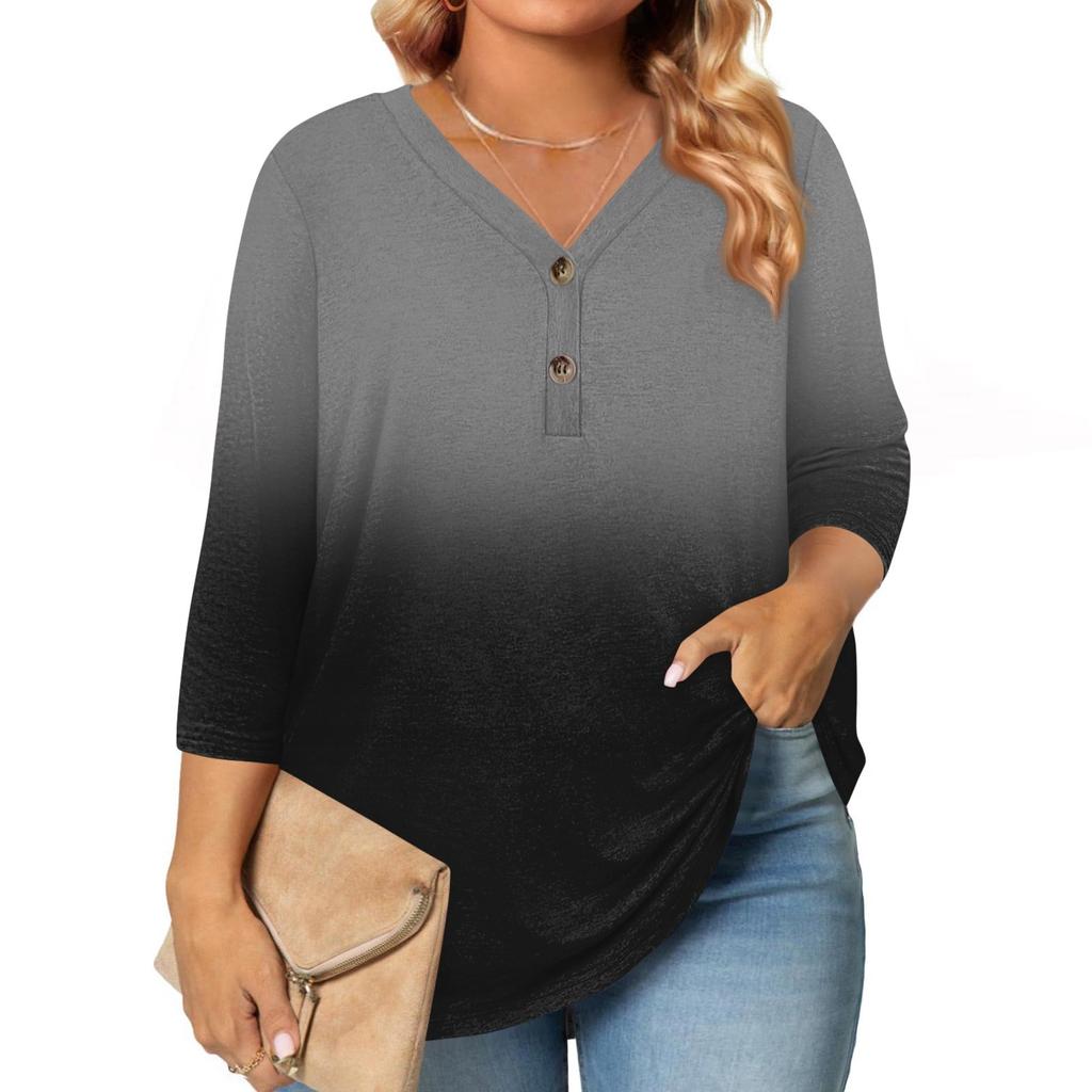 Womens 3/4 Length Sleeve Tops Plus Size Button Down V Neck Shirts Blouses Casual Printing Loose
