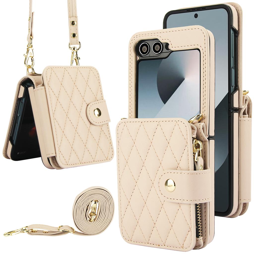 Crossbody Zipper Cards Solt Wallet Leather Case for Samsung Galaxy Z Flip 7 FE 6 5 4 Grid Pattern Flip6 Flip5 Long Lanyard Cover