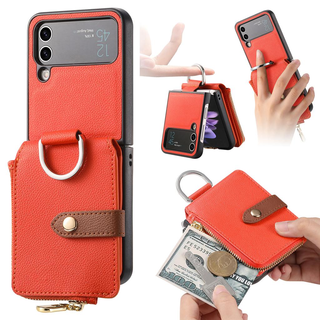 Vertical Zipper Cards Solt Wallet Leather Case for Samsung Z Flip 5 4 3 5G Stand Shockproof Flip5 Purse Ring Holder Pocket Cover