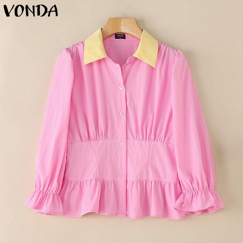 VONDA Women Elegant Lapel Neck Puff 3/4 Sleeve Button Ruffled Slim Waist Casual Blouse