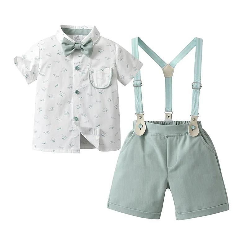 

Летний комбинезон для маленького мальчика, симпатичный принт, отложной воротник, рубашка с коротким рукавом + шорты на регулируемых бретелях, костюм для джентльмена для малышей 120(3-4T)