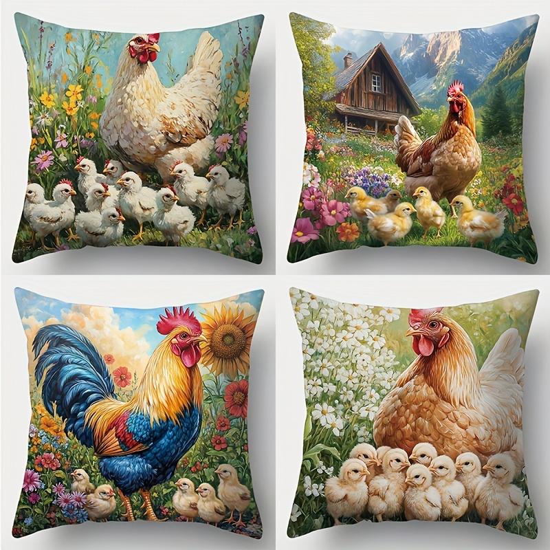 

4PCS Poultry Pillow Covers: Hens, Chicks & Roosters in Flowery Meadow with Cabin & Mountains. Ideal for Daily Gatherings & Room 35x35cm 4pcs