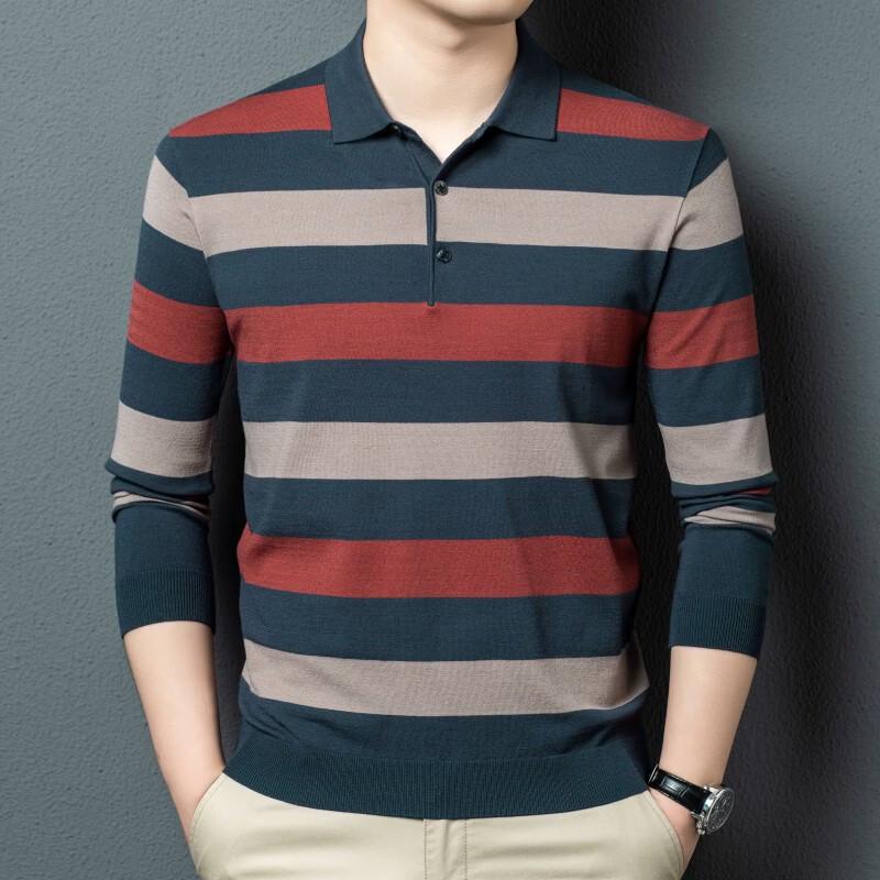 Men s Striped Lapel Pullover Sweater M