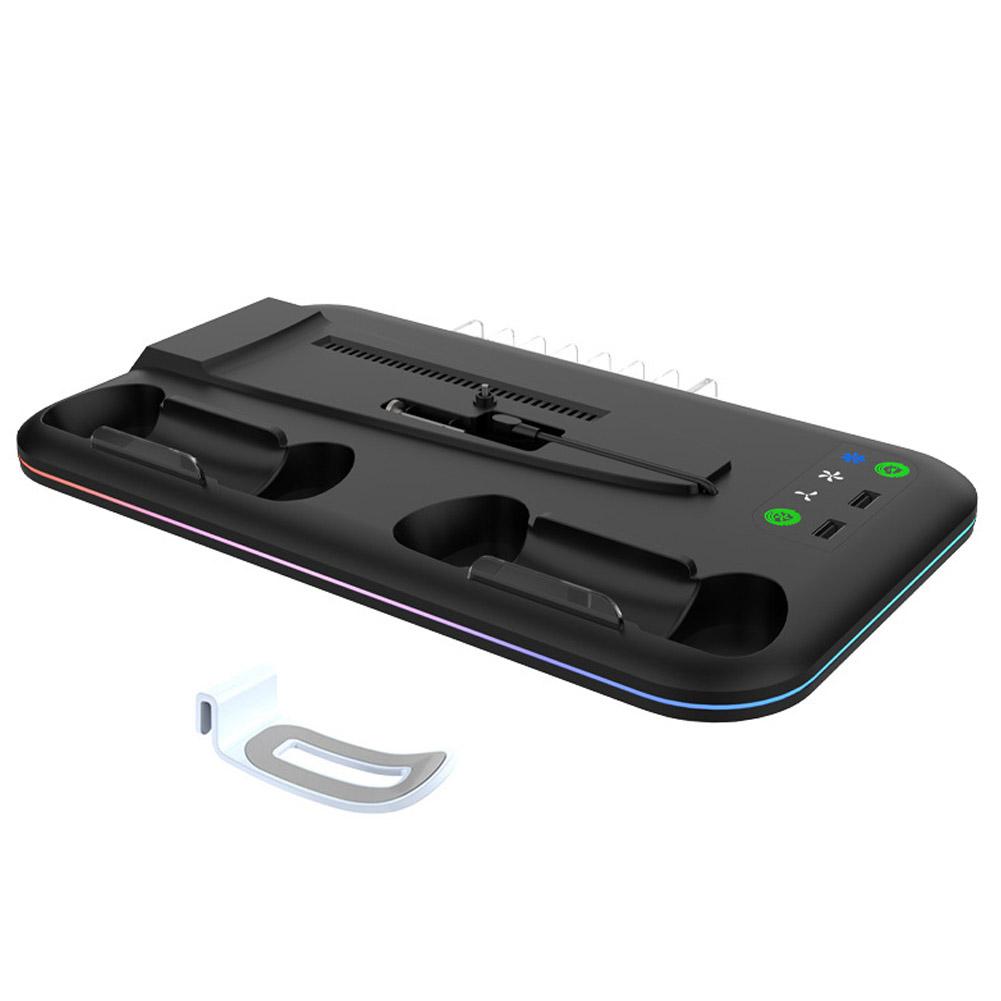 For PS5 Slim Console Cooling Stand Controller Charging Stand with Headset Hook W/ RGB Lights Game Slot for PS5 Slim Disc&Digital