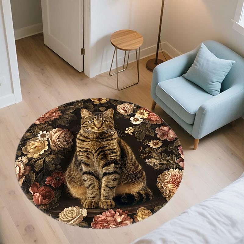 Cat and Vintage Flowers pattern round rug,Carpet Rug for Living Room Bedroom Sofa Playroom Decor,Non-slip Floor Mat,Holiday Gifts and Birthday Gifts.