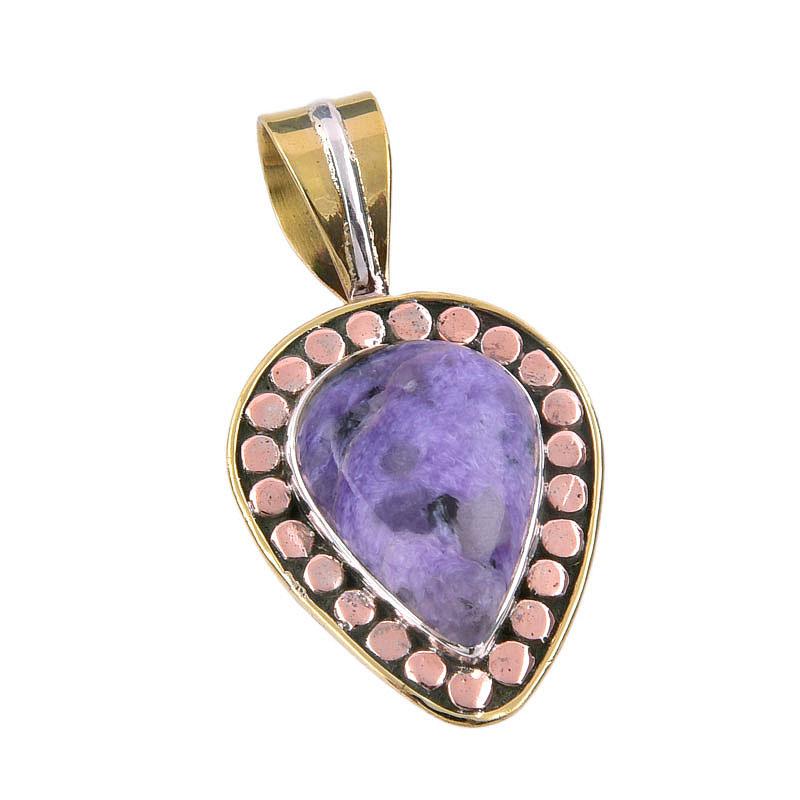 Natural Charoite Gemstone 925 Solid Sterling Silver Two Tone Pendant 1.50" A9m73