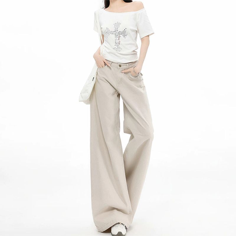 Pocket design straight jeans women's new low-rise loose-fitting hip-covering and thin floor-mopping versatile wide-leg pants
