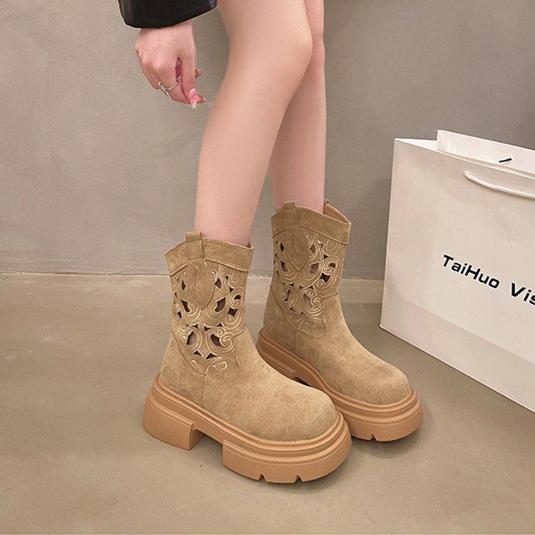 [Ushilai] Retro Western Cowboy Boots Women's New Hollow Breathable Fashion Martin Boots in Summer 2025