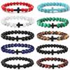 Natural Stone Beaded Bracelet For Men Women Cross Charm 8MM Beads Chain Elastic Bangle Prayer Jewelry Accessories