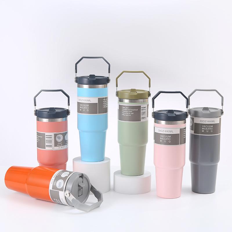 30oz Stainless Steel Tumbler with Handle, 304 Car Cup Holder Friendly, Double Wall Vacuum Insulated Hot Cold Travel Mug, Portable Iced Coffee Cup