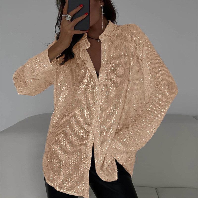 "Women's Sequin Lapel Long Sleeve Cardigan Shirt Jacket - 2024 Spring/Summer European & American Style"
