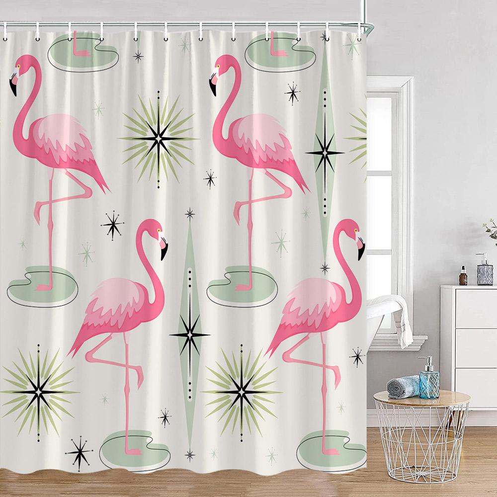 Flamingos Shower Curtains Tropical Leaves Pink Birds Green Plants Bathroom Curtain Polyester Fabric Home Decorations with Hooks